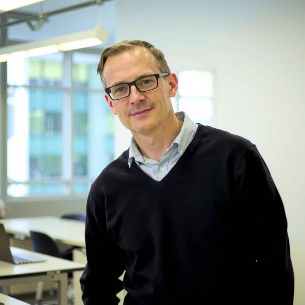 Professional portrait of a male product development lead, conveying innovation and scientific rigor