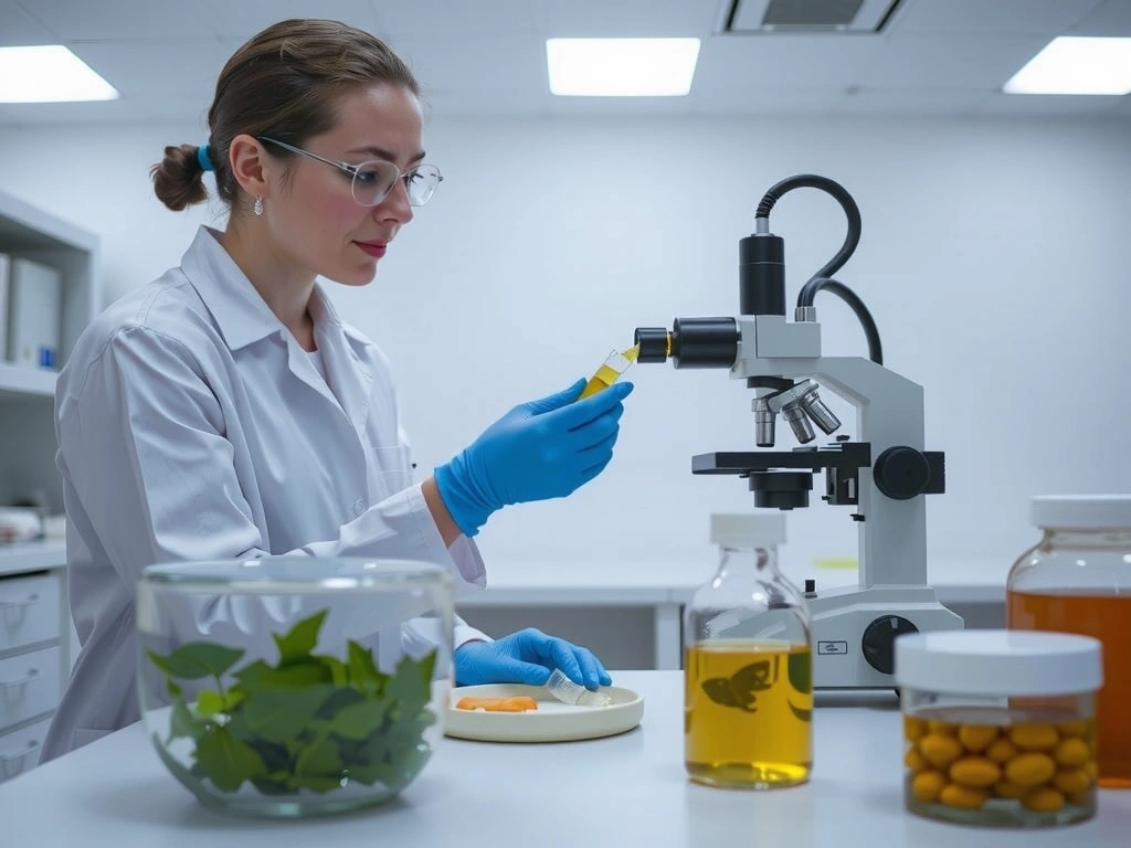 Scientist in a clean lab examining natural ingredients under a microscope, symbolizing quality control