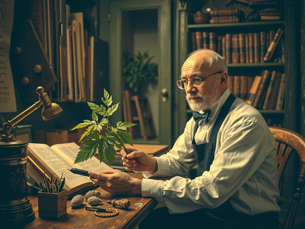 Vintage illustration of a botanist studying plants, symbolizing historical research and natural origins