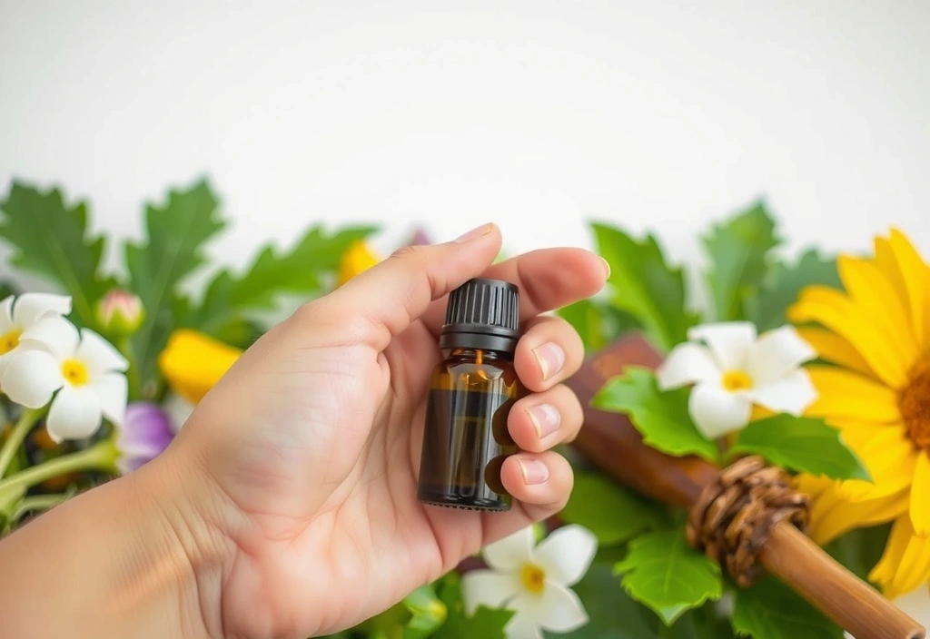 Hand holding a small bottle of essential oil with various herbs and flowers in the background, representing aromatherapy.
