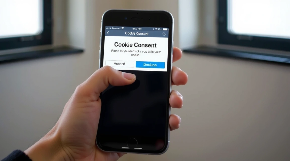 A person's hand holding a smartphone with a cookie consent pop-up on the screen, showing options to accept or decline cookies.