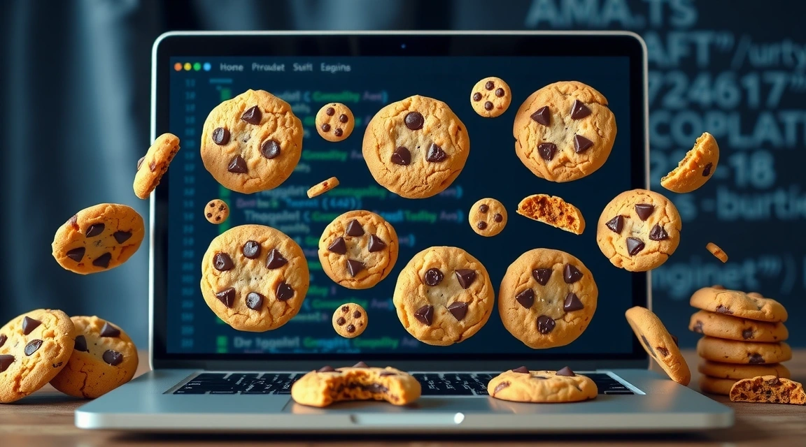 Illustration of various cookies on a computer screen, representing different types and functions of web cookies.
