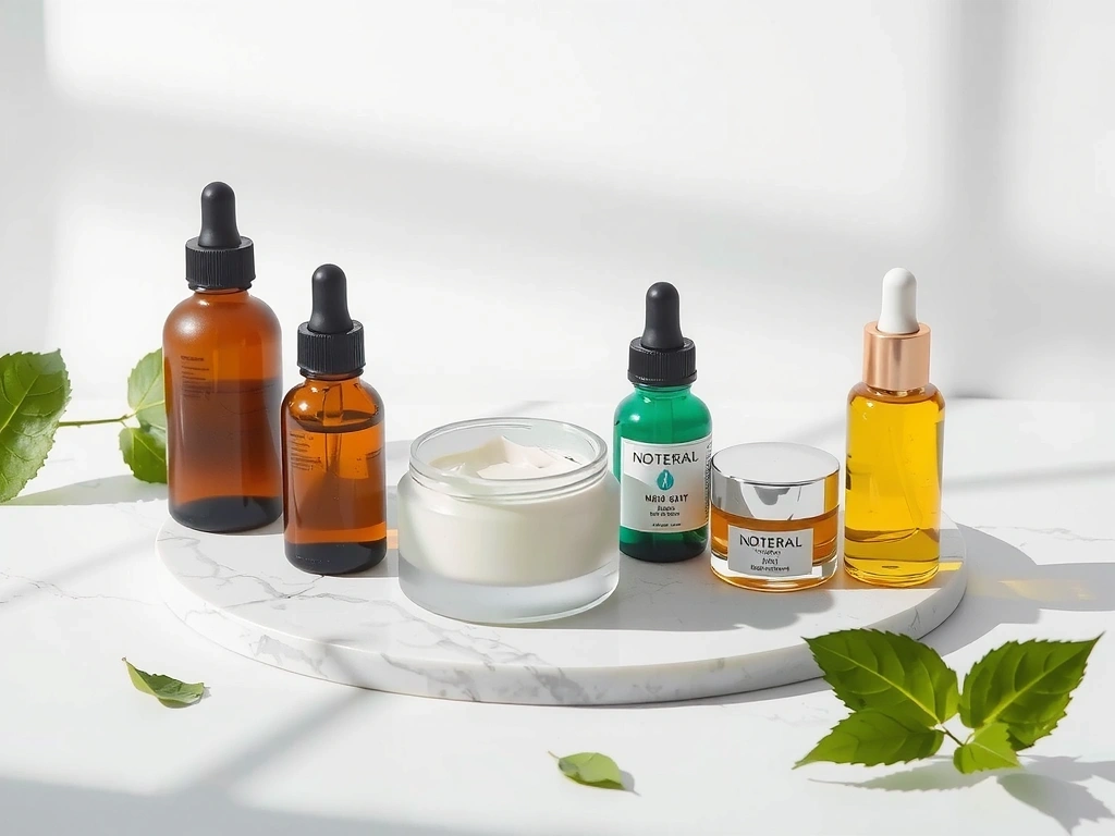 Elegant skincare products with natural ingredients on a marble surface