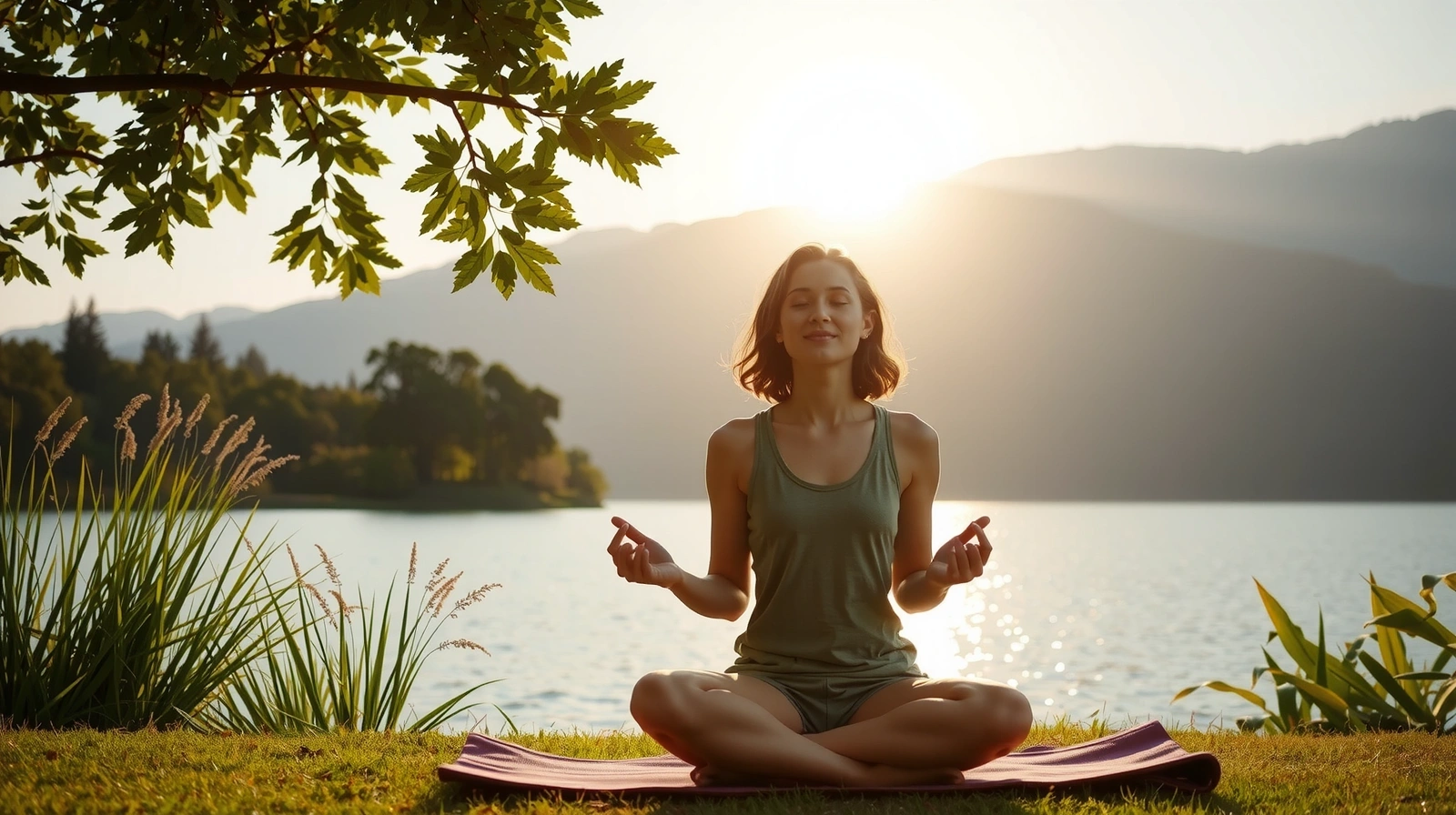 Serene nature scene with a healthy-looking person meditating, embodying natural beauty and wellness