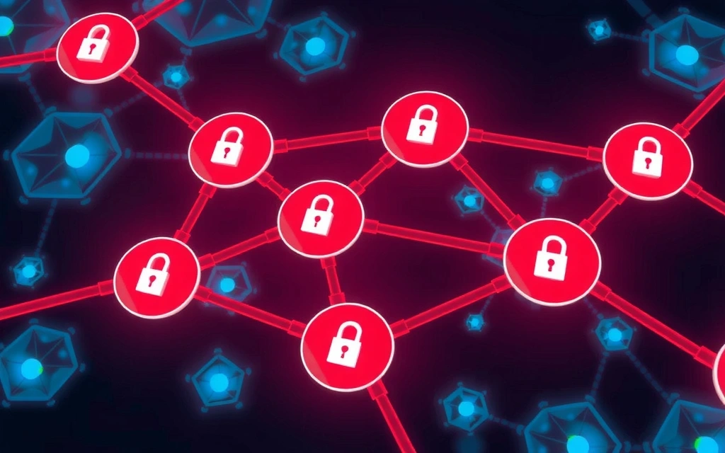 A secure digital network with interconnected nodes, symbolizing data sharing with strong encryption and privacy measures.