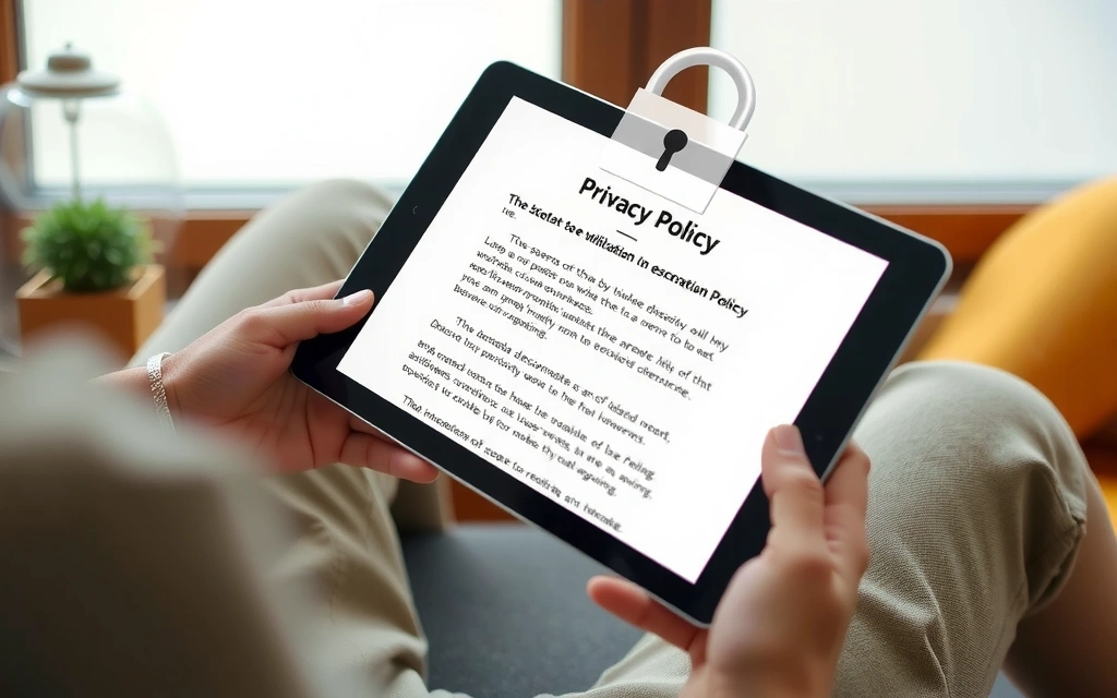 A person reviewing a digital privacy policy on a tablet, with a stylized lock icon overlay. The scene is clean and professional.