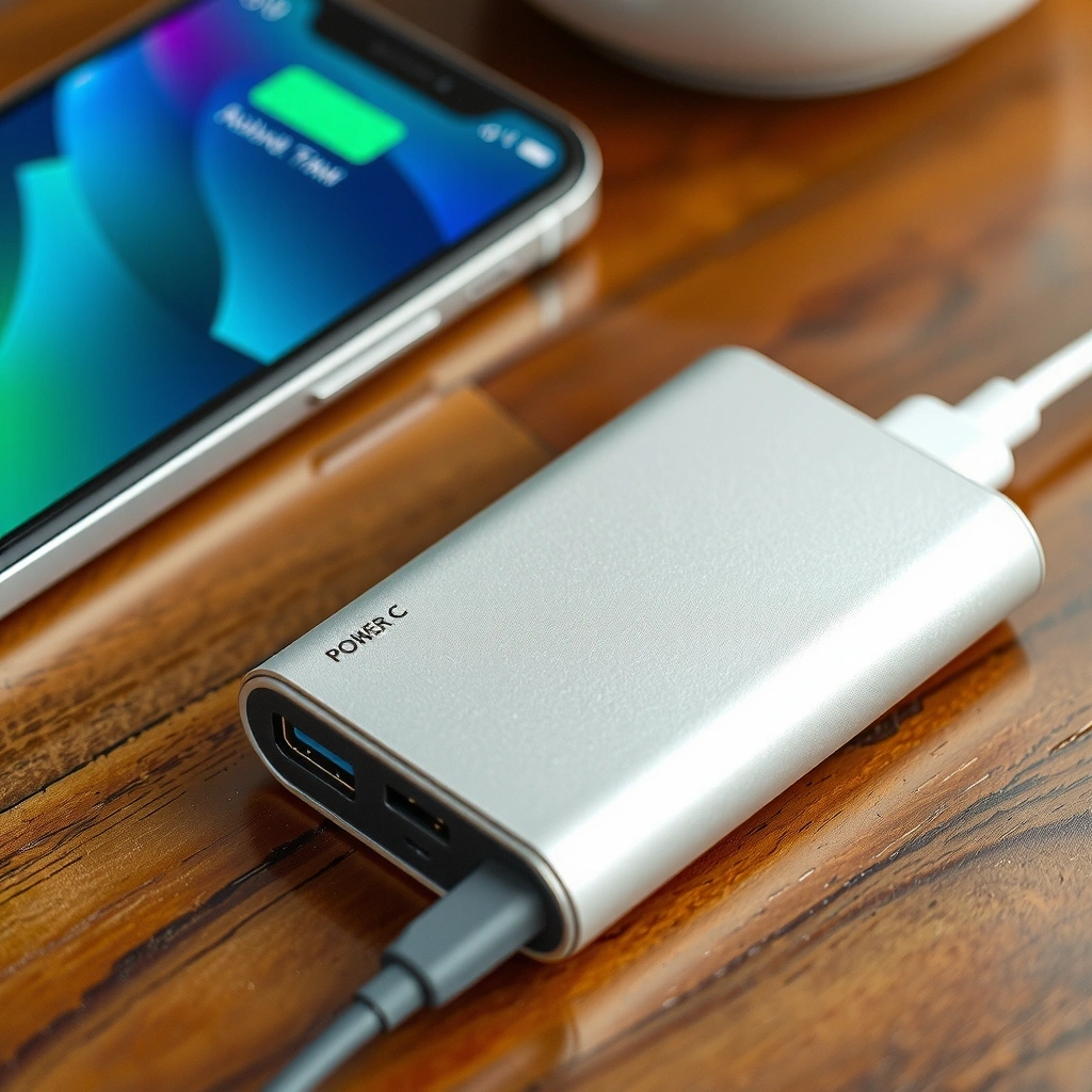A sleek, portable power bank in a metallic grey finish, with USB-C and USB-A ports, next to a charging smartphone.