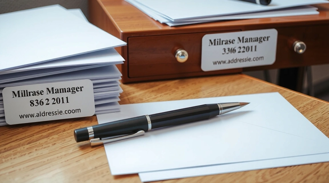 A stack of neatly organized envelopes and address labels, with a pen, on a wooden desk, symbolizing efficient address management.