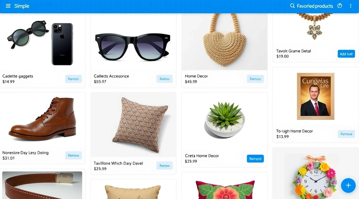 A vibrant collection of favorited products, including gadgets, accessories, and home decor, displayed beautifully on a digital screen with 'Add to Cart' and 'Remove' buttons.