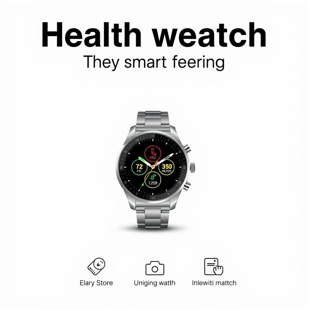 A sleek, silver smartwatch with a digital display showing health metrics, placed on a minimalist white background.